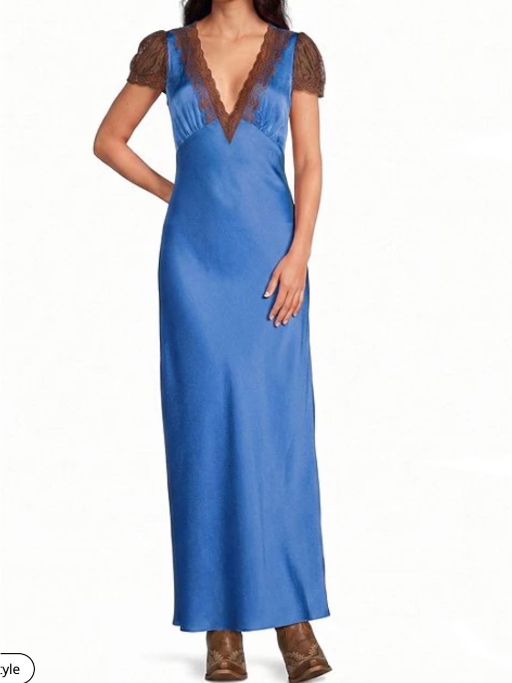 Gianni Bini Willa Satin Blue Maxi Dress with Brown Lace Trim